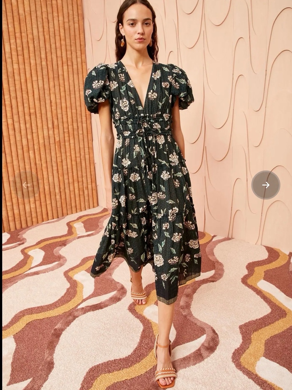 Ulla Johnson Dark Green Floral V-Neck Puff Sleeve Midi Dress